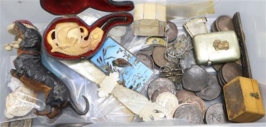 A group of assorted curios, including a cased meerschaum pipe, kozuka handle, cameos, bone table pin cushion, buttons etc.